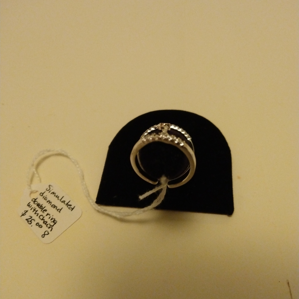 Modern Simulated diamond double ring with chain. New. Size 8 - Picture 2 of 2